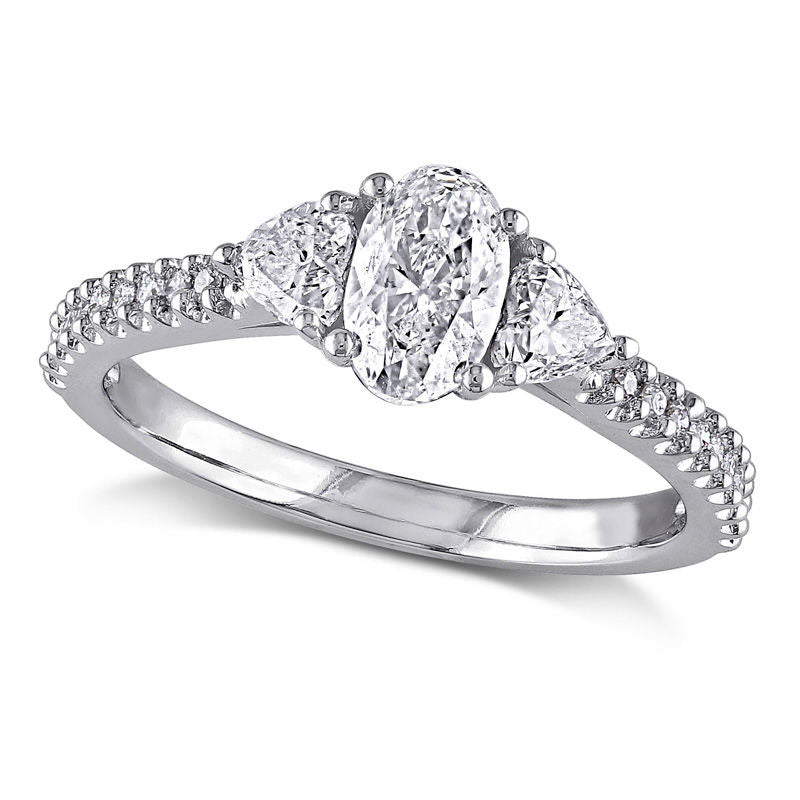 Image of ID 1 210 CT TW Oval Natural Diamond Three Stone Engagement Ring in Solid 14K White Gold