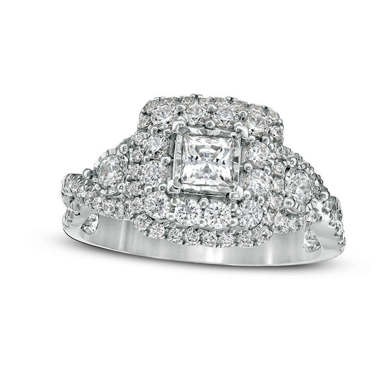 Image of ID 1 210 CT TW Princess-Cut Natural Diamond Double Frame Twist Engagement Ring in Solid 14K White Gold - Size 7