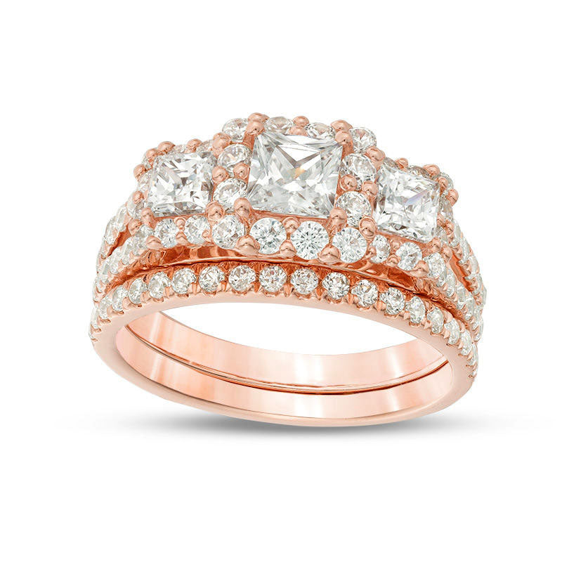 Image of ID 1 220 CT TW Princess-Cut Natural Diamond Three Stone Frame Bridal Engagement Ring Set in Solid 14K Rose Gold