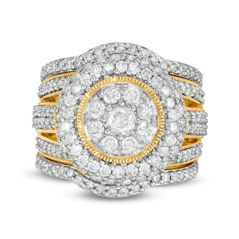 Image of ID 1 225 CT TW Composite Natural Diamond Multi-Row Antique Vintage-Style Three Piece Bridal Engagement Ring Set in Solid 10K Yellow Gold