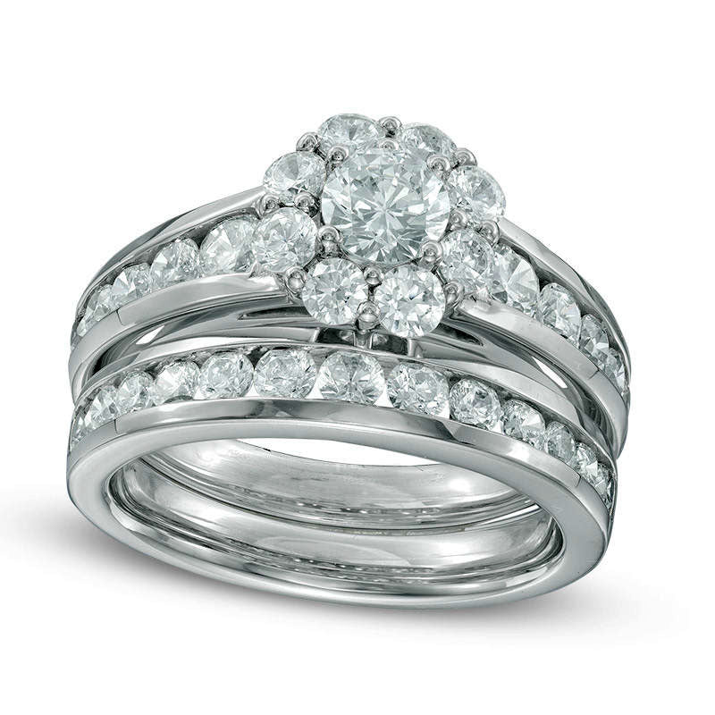 Image of ID 1 225 CT TW Natural Diamond Flower Frame Bridal Engagement Ring Set in Solid 14K White Gold