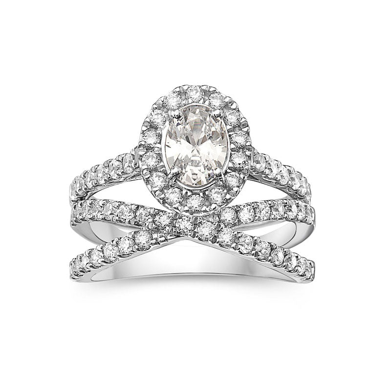 Image of ID 1 225 CT TW Oval Natural Diamond Frame Criss-Cross Bridal Engagement Ring Set in Solid 14K White Gold