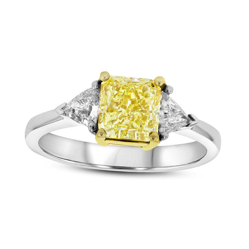 Image of ID 1 238 CT TW Fancy Yellow and White Radiant-Cut Natural Diamond Three Stone Ring in Solid 18K Two-Tone Gold (SI1)