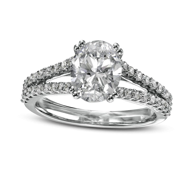 Image of ID 1 25 CT TW Certified Oval Lab-Created Diamond Split Shank Engagement Ring in Solid 14K White Gold (F/VS2)
