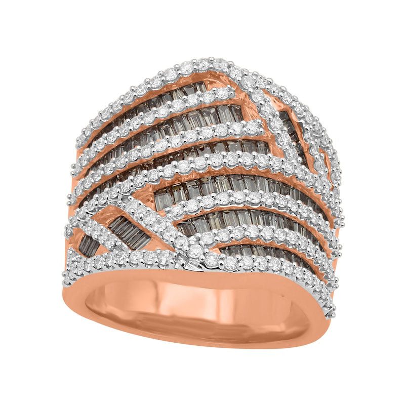 Image of ID 1 25 CT TW Champagne and White Natural Diamond Layered Multi-Row Ring in Solid 10K Rose Gold