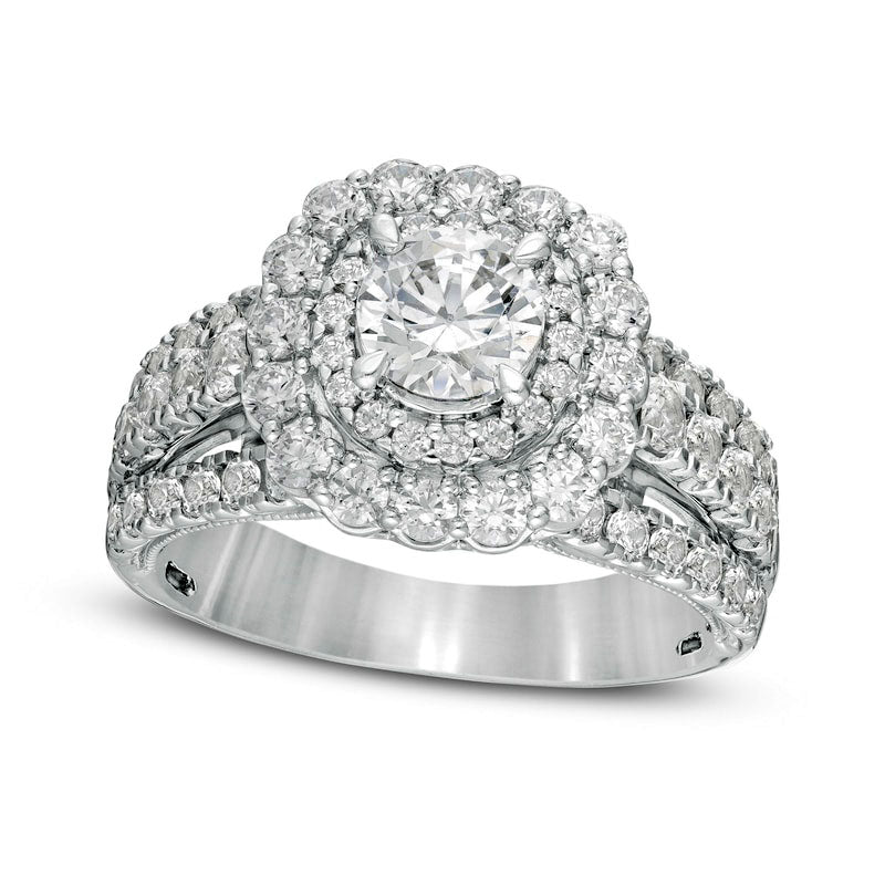 Image of ID 1 25 CT TW Natural Diamond Double Scallop Frame Multi-Row Engagement Ring in Solid 14K White Gold