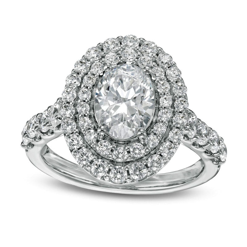 Image of ID 1 275 CT TW Certified Lab-Created Oval Diamond Double Frame Engagement Ring in Solid 14K White Gold (F/VS2)