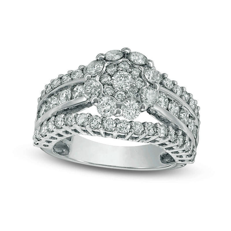 Image of ID 1 275 CT TW Composite Natural Diamond Flower Multi-Row Engagement Ring in Solid 14K White Gold