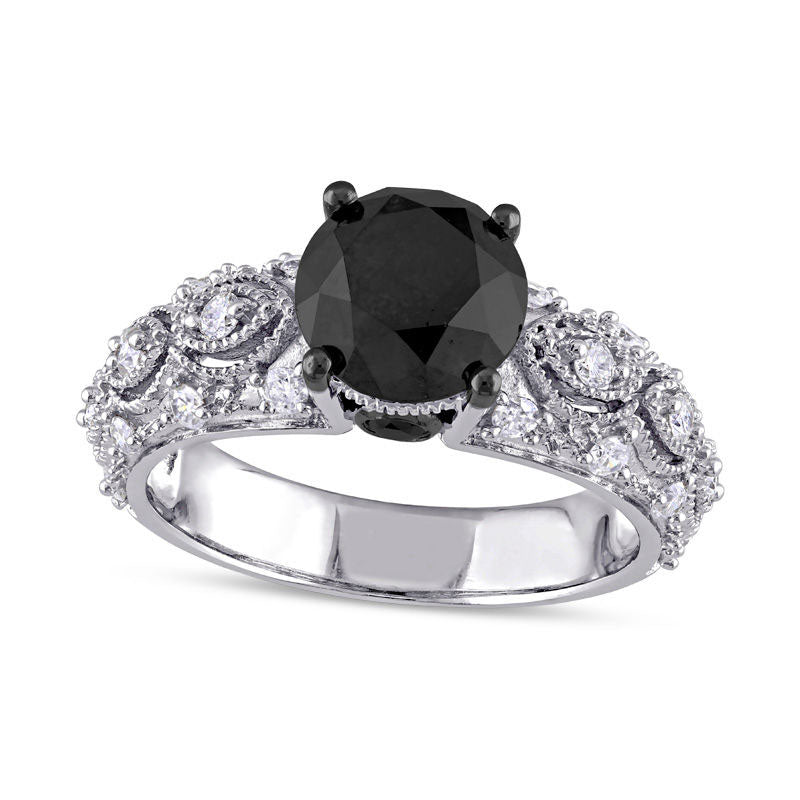 Image of ID 1 30 CT TW Enhanced Black and White Natural Diamond Antique Vintage-Style Engagement Ring in Solid 10K White Gold