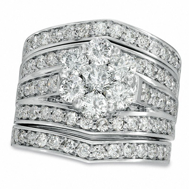 Image of ID 1 30 CT TW Natural Diamond Cluster Multi-Row Three Piece Bridal Engagement Ring Set in Solid 14K White Gold