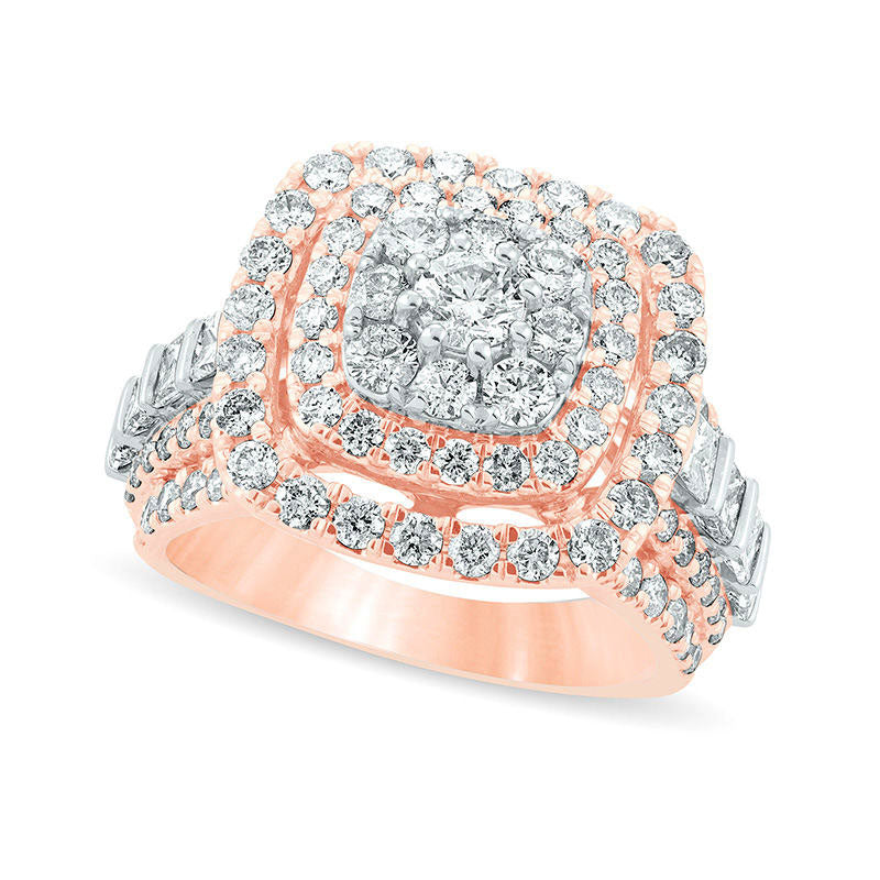 Image of ID 1 30 CT TW Natural Diamond Triple Cushion Frame Multi-Row Engagement Ring in Solid 10K Rose Gold