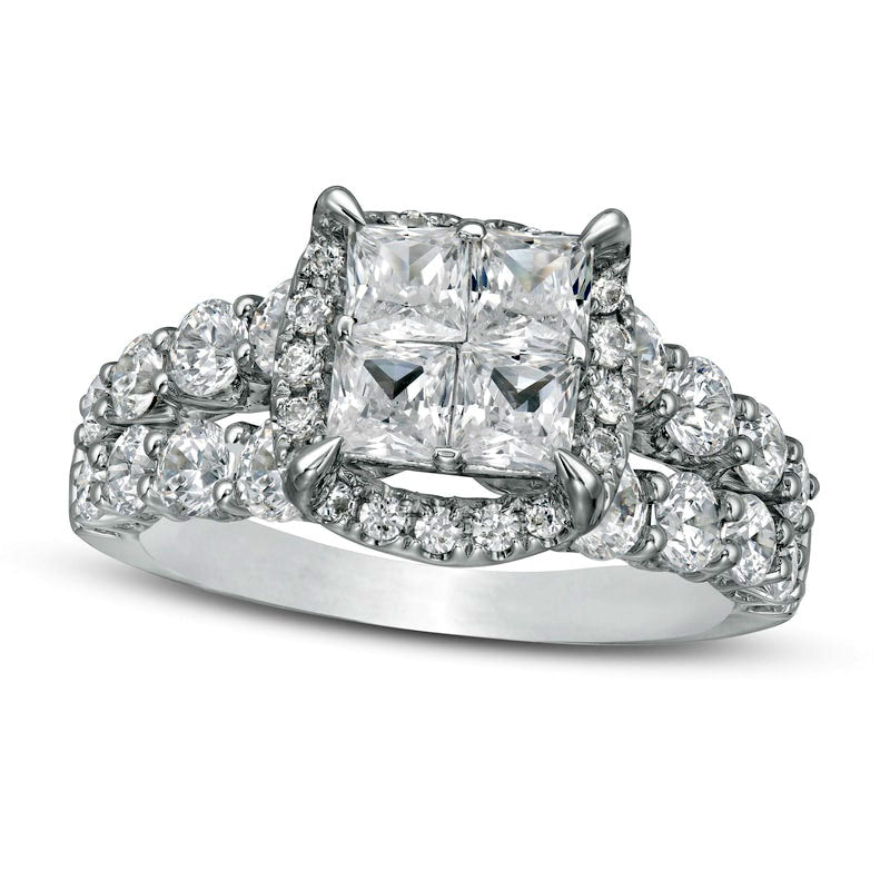 Image of ID 1 30 CT TW Princess-Cut Quad Natural Diamond Frame Split Shank Engagement Ring in Solid 14K White Gold