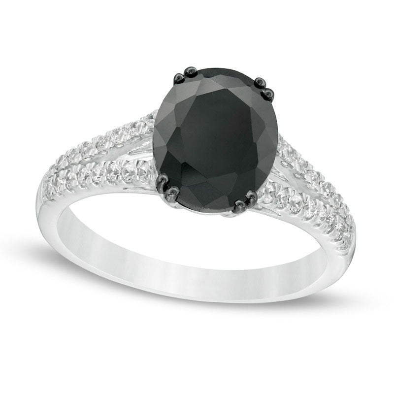 Image of ID 1 338 CT TW Enhanced Black and White Oval Natural Diamond Split Shank Engagement Ring in Solid 10K White Gold