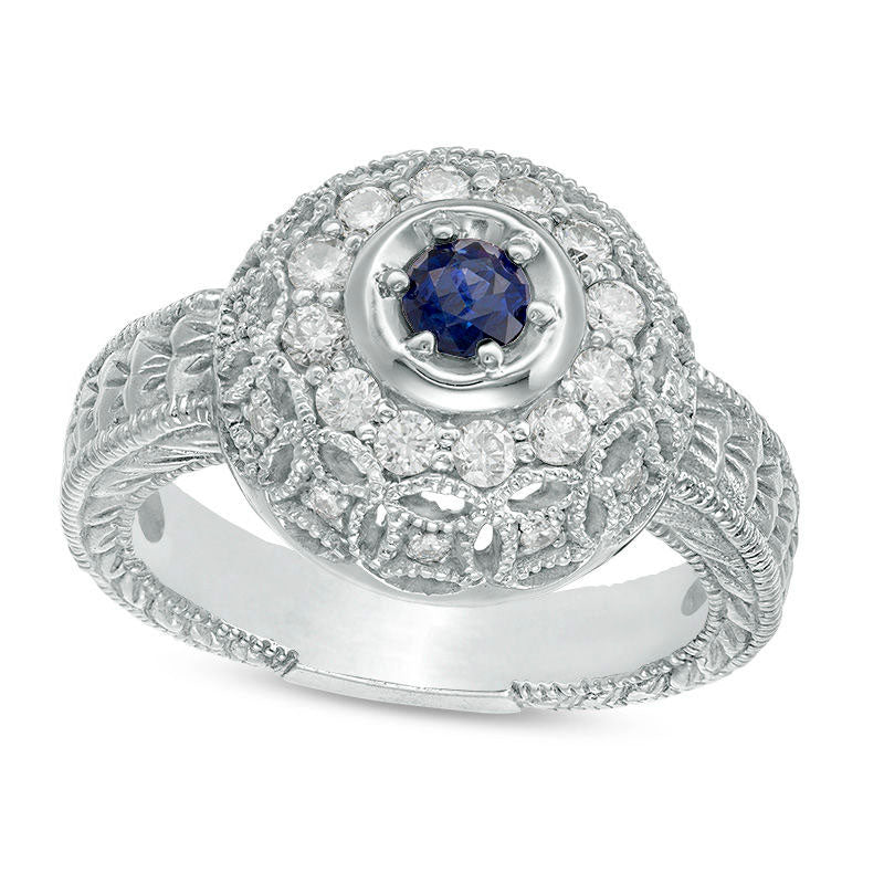 Image of ID 1 35mm Blue Sapphire and 038 CT TW Natural Diamond Ornate Lattice Frame Antique Vintage-Style Ring in Solid 10K White Gold