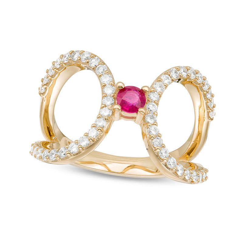 Image of ID 1 35mm Ruby and 050 CT TW Natural Diamond Looping Open Shank Ring in Solid 10K Yellow Gold