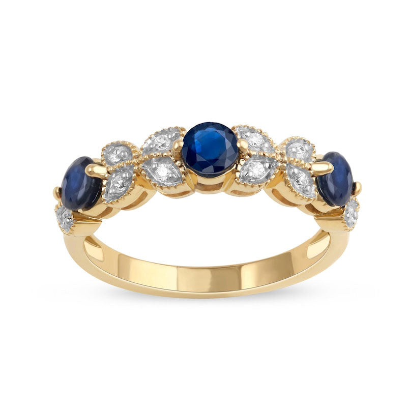 Image of ID 1 40mm Blue Sapphire and 010 CT TW Natural Diamond Leaf Accents Antique Vintage-Style Three Stone Ring in Solid 10K Yellow Gold
