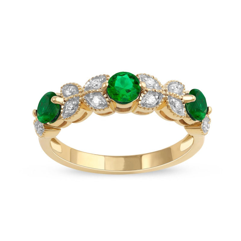 Image of ID 1 40mm Emerald and 010 CT TW Natural Diamond Leaf Accents Antique Vintage-Style Three Stone Ring in Solid 10K Yellow Gold