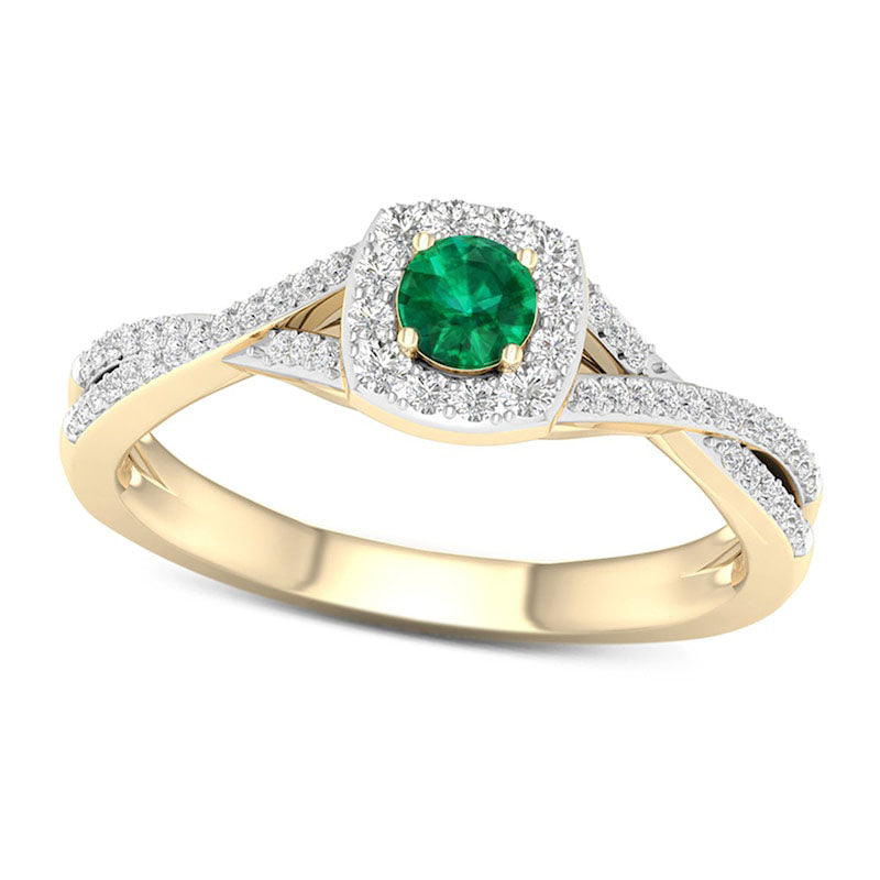 Image of ID 1 40mm Emerald and 025 CT TW Natural Diamond Cushion Frame Crossover Shank Ring in Solid 10K Yellow Gold