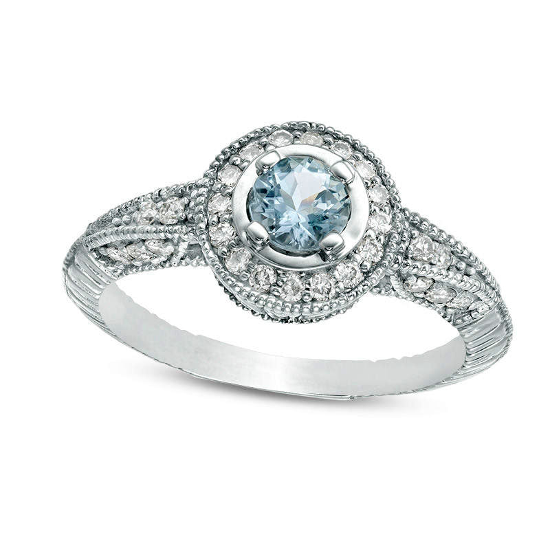 Image of ID 1 45mm Aquamarine and 033 CT TW Natural Diamond Frame Antique Vintage-Style Ring in Solid 10K White Gold