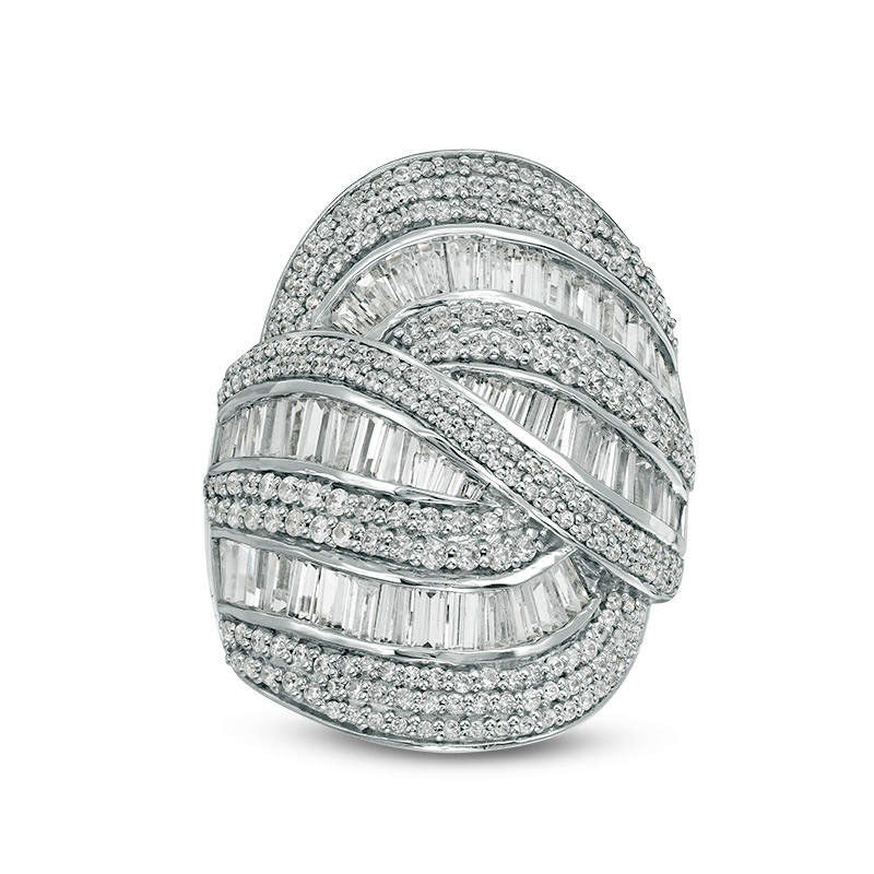 Image of ID 1 5 CT TW Baguette and Round Natural Diamond Multi-Row Bypass Ring in Solid 14K White Gold