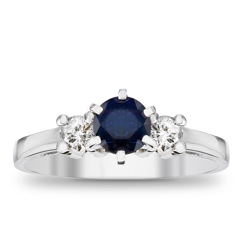 Image of ID 1 50mm Blue Sapphire and 020 CT TW Natural Diamond Engagement Three Stone Ring in Solid 14K White Gold
