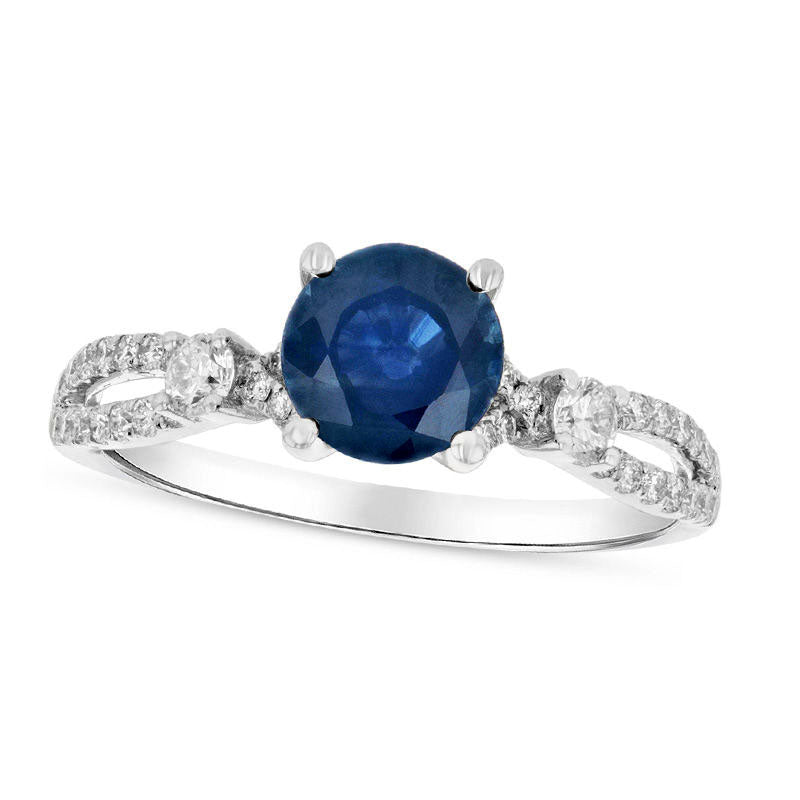 Image of ID 1 50mm Blue Sapphire and 033 CT TW Natural Diamond Side Accent Split Shank Engagement Ring in Solid 18K White Gold