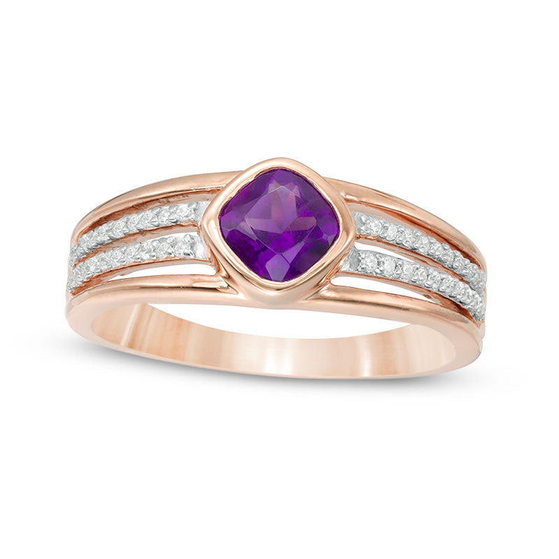 Image of ID 1 50mm Cushion-Cut Amethyst and 013 CT TW Natural Diamond Multi-Row Split Shank Ring in Solid 10K Rose Gold
