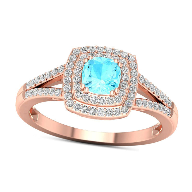 Image of ID 1 50mm Cushion-Cut Aquamarine and 020 CT TW Natural Diamond Double Frame Split Shank Ring in Solid 10K Rose Gold