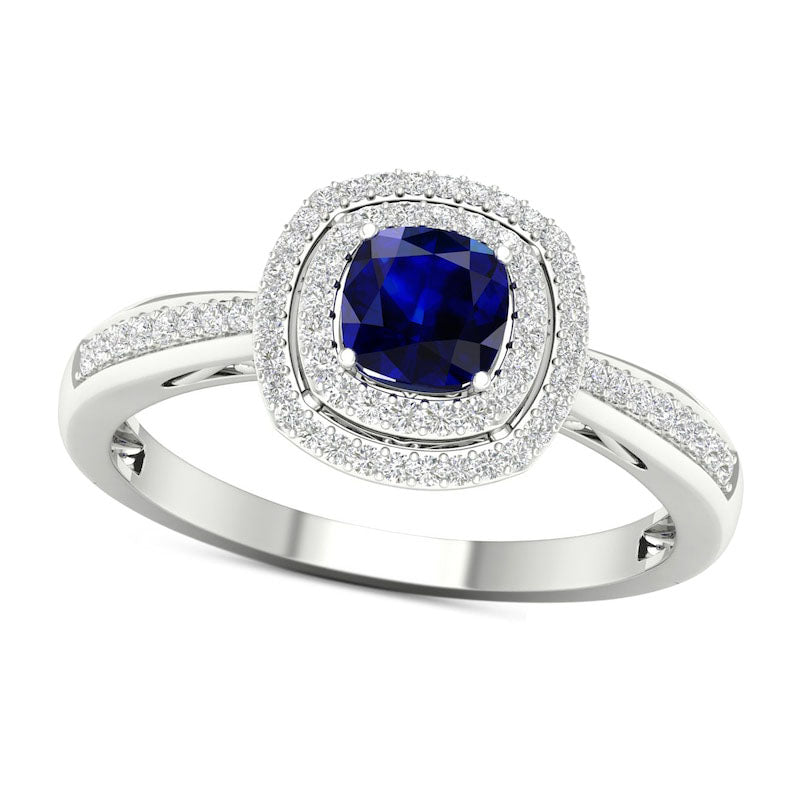 Image of ID 1 50mm Cushion-Cut Blue Sapphire and 020 CT TW Natural Diamond Double Frame Ring in Solid 10K White Gold