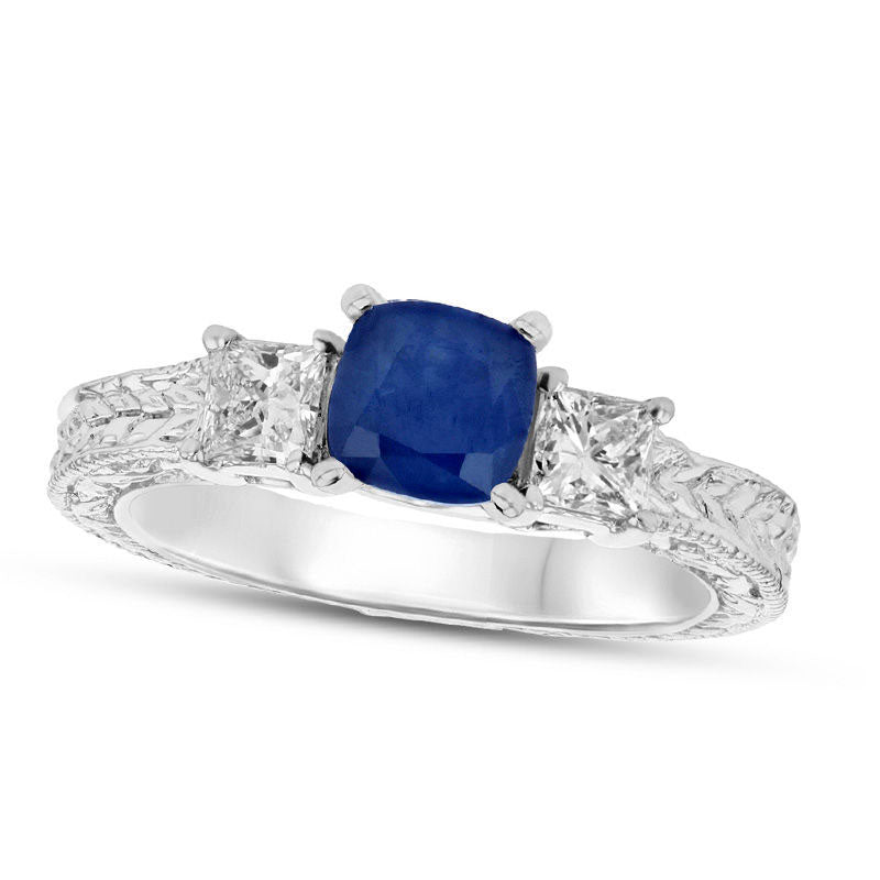 Image of ID 1 50mm Cushion-Cut Blue Sapphire and 038 CT TW Princess-Cut Natural Diamond Three Stone Engagement Ring in Solid 14K White Gold