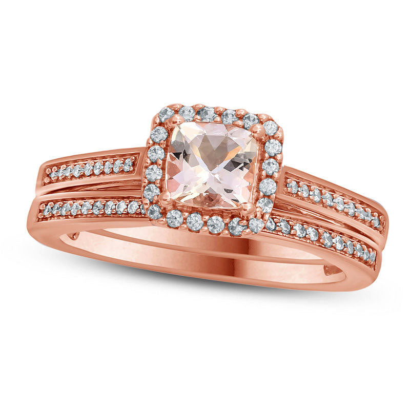 Image of ID 1 50mm Cushion-Cut Morganite and 020 CT TW Natural Diamond Frame Bridal Engagement Ring Set in Solid 10K Rose Gold