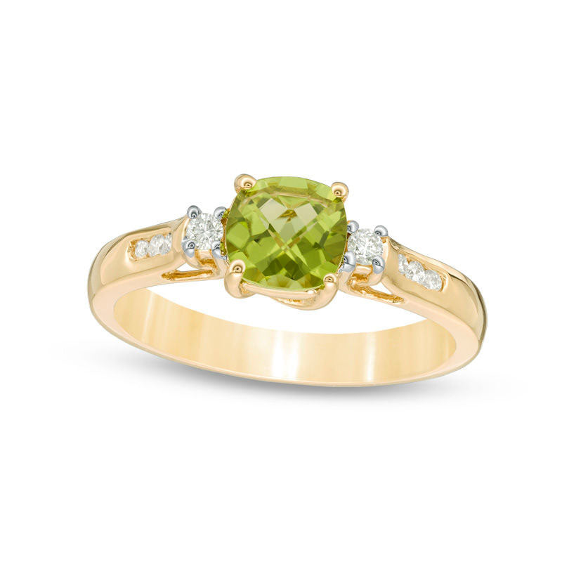 Image of ID 1 50mm Cushion-Cut Peridot and 013 CT TW Natural Diamond Ring in Solid 10K Yellow Gold
