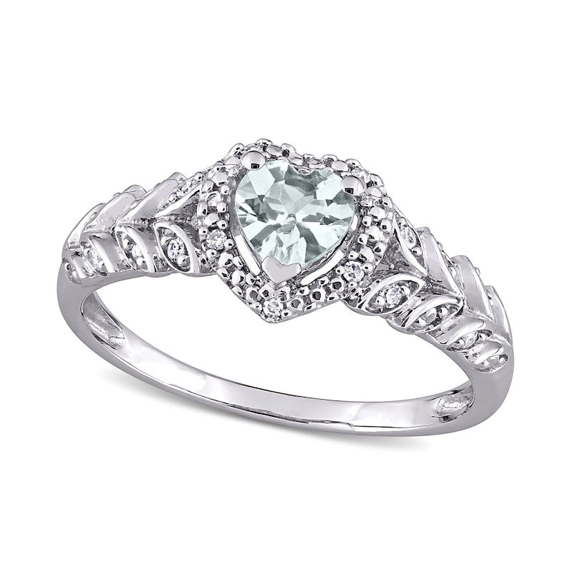 Image of ID 1 50mm Heart-Shaped Aquamarine and 005 CT TW Natural Diamond Bead Frame Leaf Shank Ring in Solid 10K White Gold