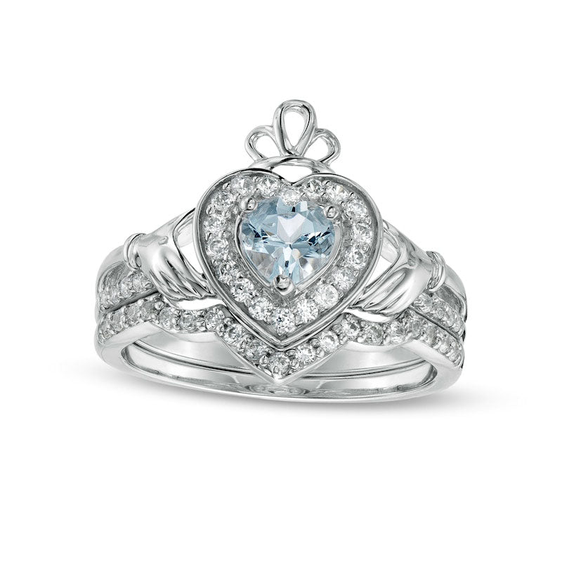Image of ID 1 50mm Heart-Shaped Aquamarine and 033 CT TW Natural Diamond Frame Claddagh Bridal Engagement Ring Set in Sterling Silver