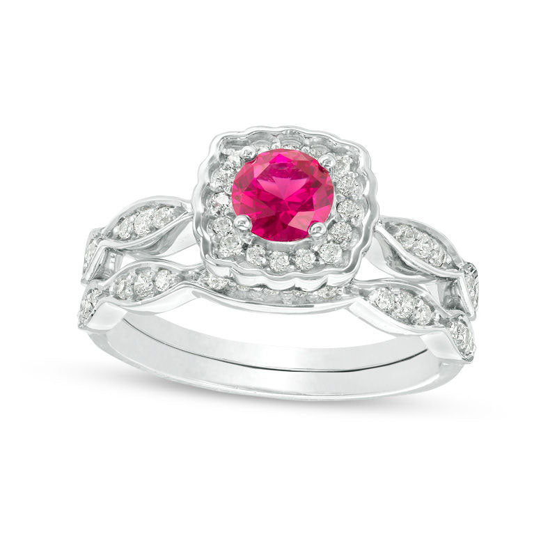 Image of ID 1 50mm Lab-Created Ruby and 038 CT TW Diamond Square Scallop Frame Bridal Engagement Ring Set in Solid 10K White Gold
