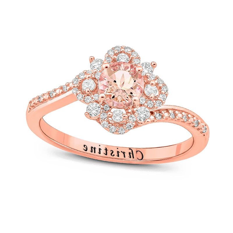 Image of ID 1 50mm Morganite and 025 CT TW Natural Diamond Engravable Flower Bypass Antique Vintage-Style Promise Ring in Solid 10K Rose Gold (1 Line)
