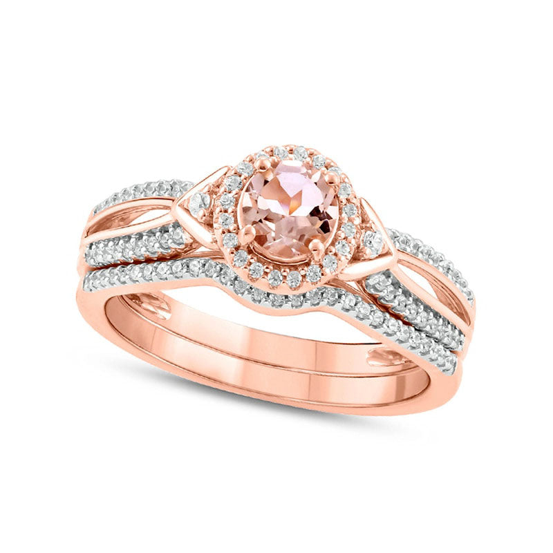 Image of ID 1 50mm Morganite and 025 CT TW Natural Diamond Frame Chevron-Sides Split Shank Bridal Engagement Ring Set in Solid 10K Rose Gold
