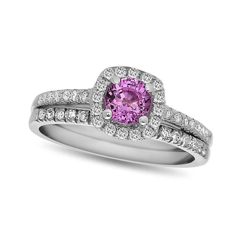 Image of ID 1 50mm Pink Sapphire and 038 CT TW Natural Diamond Cushion Frame Bridal Engagement Ring Set in Solid 14K White Gold