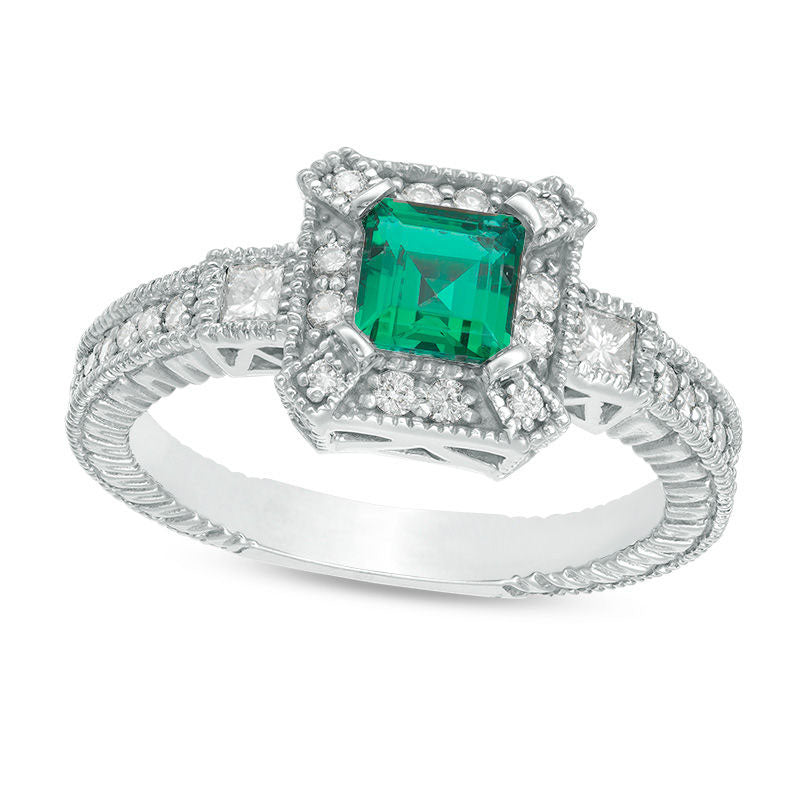 Image of ID 1 50mm Princess-Cut Lab-Created Emerald and 038 CT TW Diamond Three Stone Frame Antique Vintage-Style Ring in Solid 10K White Gold