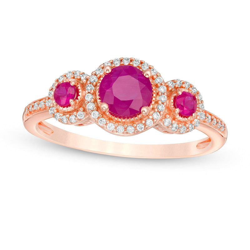 Image of ID 1 50mm Ruby and 017 CT TW Natural Diamond Frame Three Stone Ring in Solid 10K Rose Gold