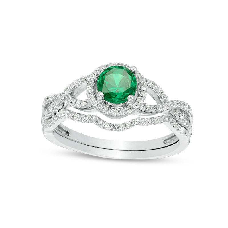 Image of ID 1 52mm Lab-Created Emerald and 025 CT TW Diamond Twist Shank Bridal Engagement Ring Set in Solid 10K White Gold