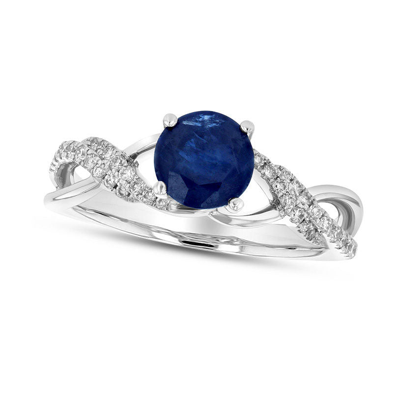 Image of ID 1 55mm Blue Sapphire and 017 CT TW Natural Diamond Double Row Open Crossover Engagement Ring in Solid 18K White Gold