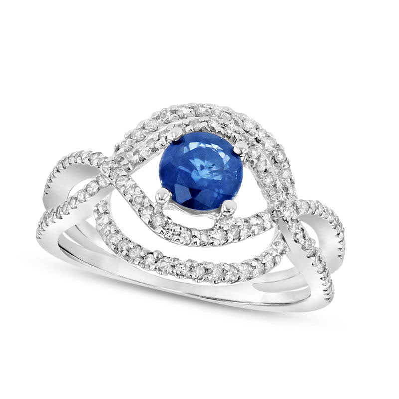 Image of ID 1 55mm Blue Sapphire and 033 CT TW Natural Diamond Orbit Ring in Solid 14K White Gold