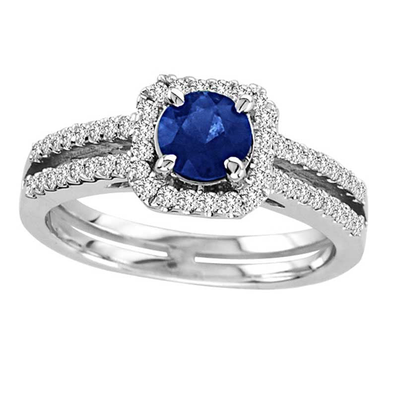 Image of ID 1 55mm Blue Sapphire and 033 CT TW Natural Diamond Promise Ring in Solid 14K White Gold