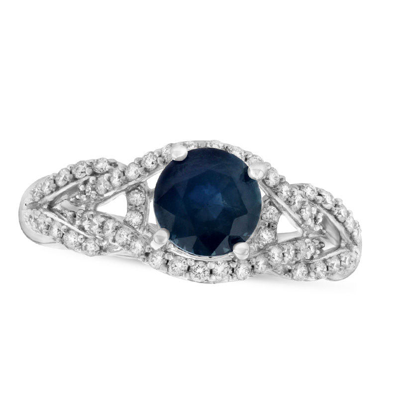 Image of ID 1 55mm Blue Sapphire and 038 CT TW Natural Diamond Loop Shank Engagement Ring in Solid 14K White Gold