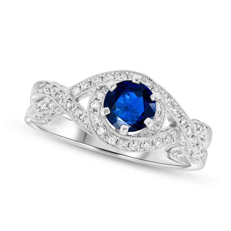 Image of ID 1 55mm Blue Sapphire and 050 CT TW Natural Diamond Frame Antique Vintage-Style Ring in Solid 14K White Gold