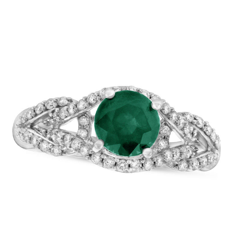 Image of ID 1 55mm Emerald and 038 CT TW Natural Diamond Loop Shank Engagement Ring in Solid 14K White Gold