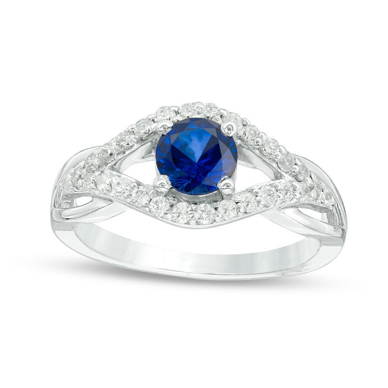 Image of ID 1 55mm Lab-Created Blue Sapphire and 033 CT TW Diamond Split Shank Engagement Ring in Solid 10K White Gold