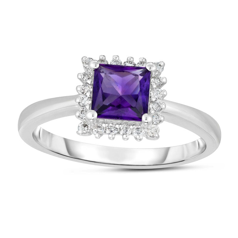 Image of ID 1 55mm Princess-Cut Amethyst and 013 CT TW Natural Diamond Shadow Frame Ring in Solid 14K White Gold - Size 7