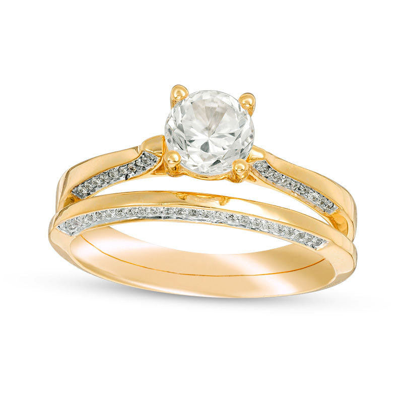 Image of ID 1 57mm Lab-Created White Sapphire and 020 CT TW Diamond Bridal Engagement Ring Set in Solid 10K Yellow Gold